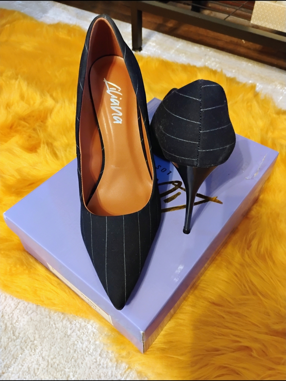 Black Pinstripe Pointed-Toe Stiletto Heels